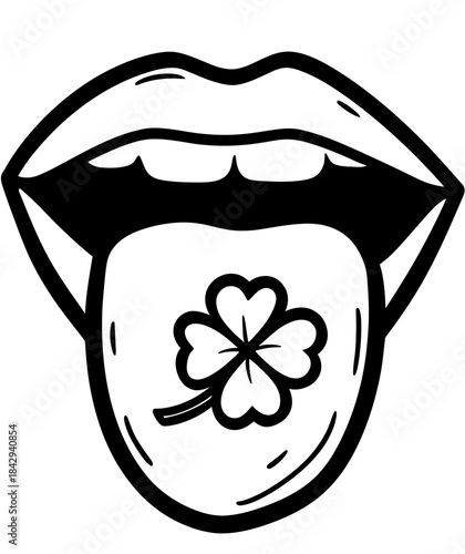 Detailed outline vector illustration of an open mouth with tongue and a lucky four-leaf clover symbol