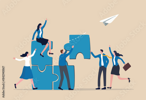Employee engagement improve involvement or encourage employee success together, increase value and workplace motivation concept, happy business people, employees help complete jigsaw in their office
