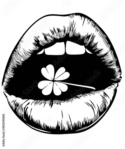 Stylish monochrome illustration of open lips holding a four-leaf clover, hand-drawn vector art. Lucky charm graphic design.