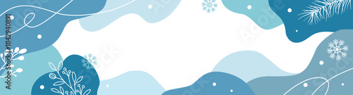 Winter abstract background with flowing shapes, snowflakes and botanical line elements in blue tones. Minimal seasonal illustration with copy space for banners, cards and festive design.