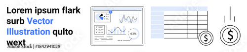 Finance, business, data visualization, investment, economy, analytics. A dashboard with charts, graphs tables and dollar signs. Financial data analysis and business concepts