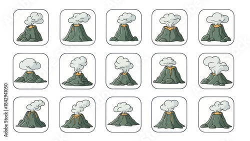 Volcano illustrations set of cartoon volcanoes with smoke erupting isolated