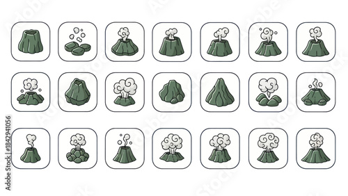 Volcano illustrations set of 21 cartoon eruptions with white background