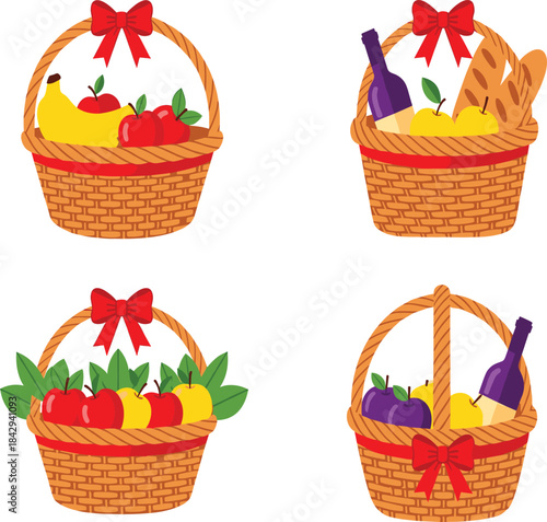 Set of four flat vector illustrations of wicker gift baskets filled with fresh fruits, wine bottle, and baguette bread, symbolizing holiday giving, picnic, harvest festival, and gourmet food delivery.
