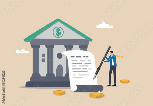 Obligation, debt or bank loan responsible to pay back with interest rate, legal money credit or borrowing document with signature concept, businessman signing signature on obligation banking document