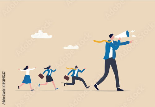 Leadership for team direction, success strategy, lead team to achieve goal, inspiration or motivate employee, manager or company mission concept, businessman leader megaphone pointing team direction