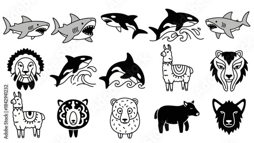 Cartoon animal illustrations set featuring shark orca bear and other wildlife