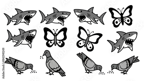 Cartoon sharks butterflies and pigeons illustrations isolated on white