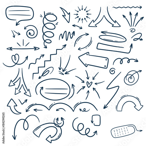 Doodle outline sketch arrow and abstract shapes collection. Hand drawn simple with brush or pen-