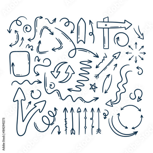 Doodle outline sketch arrow and abstract shapes collection. Hand drawn simple with brush or pen