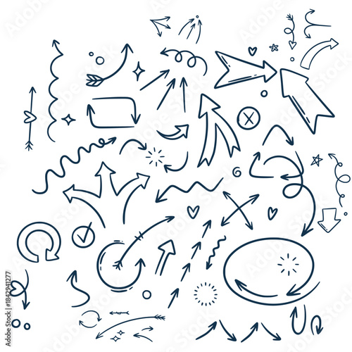 Doodle outline sketch arrow and abstract shapes collection. Hand drawn simple with brush or pen----