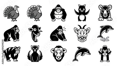 Collection of stylized animal illustrations in black and white for various uses