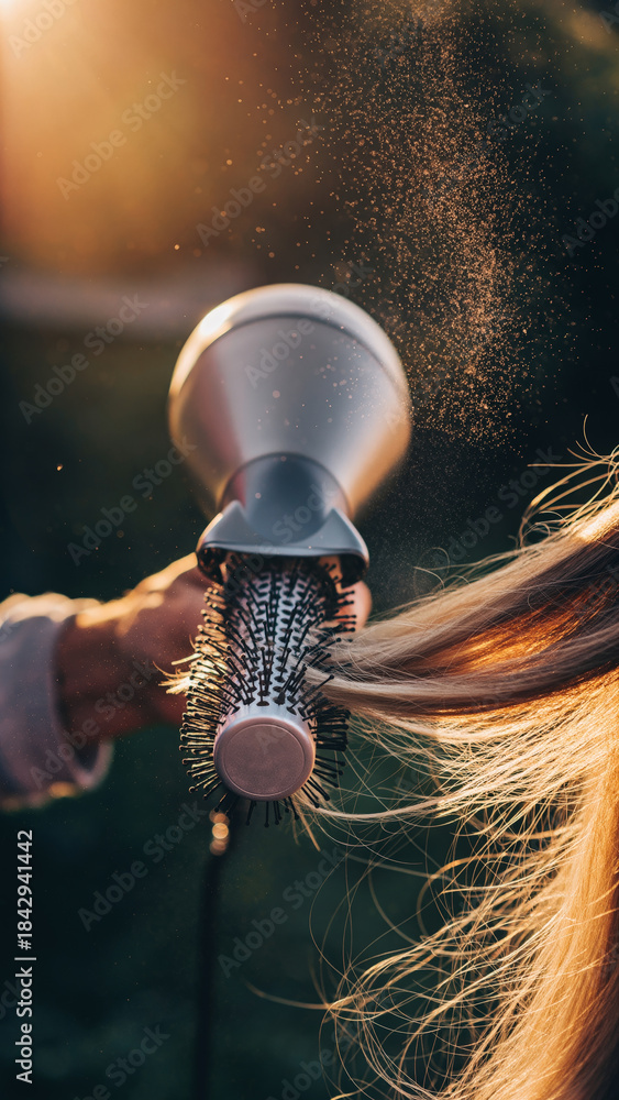 Fototapeta premium Person drying or styling hair outdoors with a hairdryer in natural lighting.