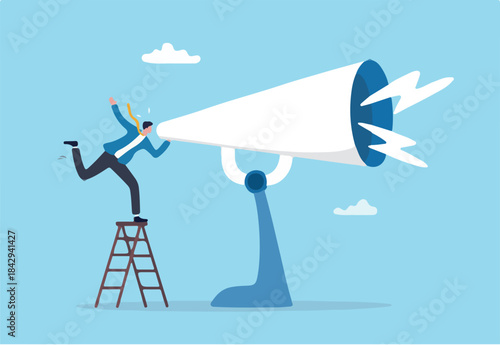 Amplify megaphone, communication voice or advertising message, important announcement loud shouting, broadcast word, message or information concept, businessman shouting on big amplifier megaphone