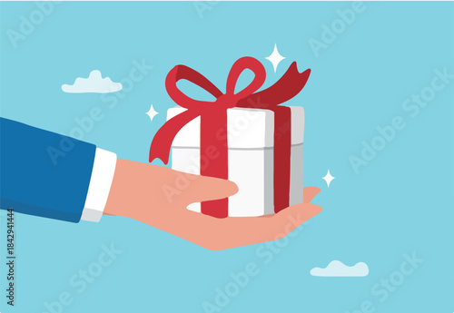 Gift reward program, bonus or surprise present for customer, employee reward or lucky prize, birthday gift box or festive incentive, special loyalty program concept, hand giving gift box with ribbon