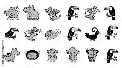Cartoon animal icons in vector style hippo dragon toucan fish and monkey