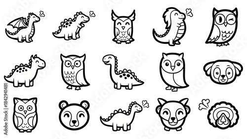 Collection of cartoon animals and creatures in black and white outline