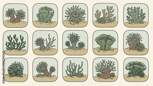 Cartoon illustrations of various underwater coral reef species on a sand base