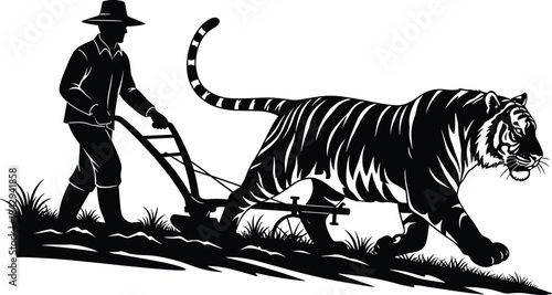 A silhouette illustration depicting a farmer plowing a field with a powerful tiger pulling the equipment