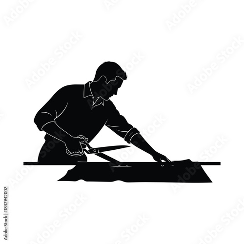 Silhouette illustration of a tailor cutting fabric with scissors on a white background