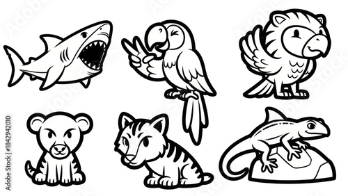 Cartoon animal illustrations shark parrot lion tiger lizard vector graphics