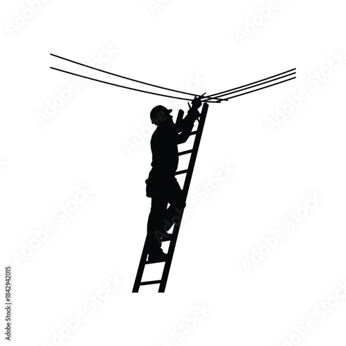A silhouette illustration showing an electrician on a ladder performing maintenance on overhead power lines