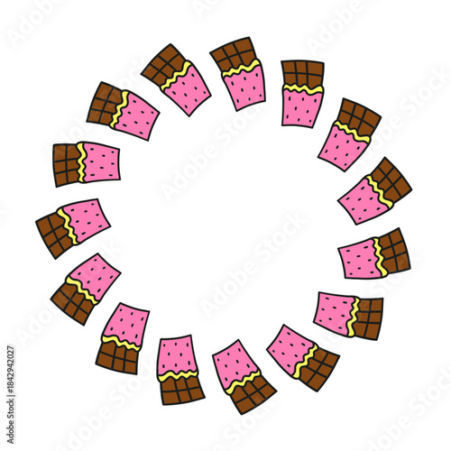 Cute round frame with doodle chocolate bars isolated on white background.