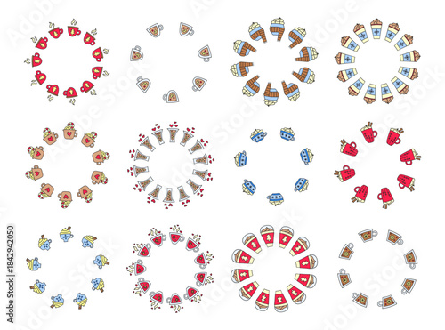 Set of round wreaths with doodle hot winter drinks isolated on white background.