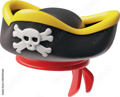 Black 3d pirate tricorn hat with bones and skull, isolated icon.