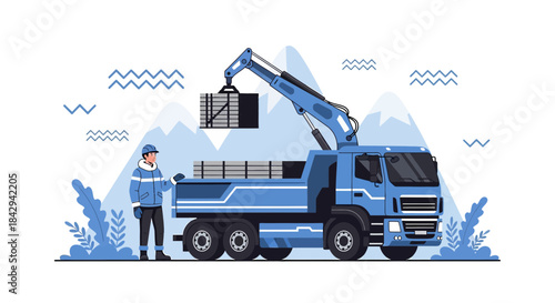 Crane truck lifting cargo with worker in uniform in front of mountain landscape background
