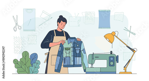Creative denim jacket remodeling displayed in vibrant workspace with sewing machine lamp and tools