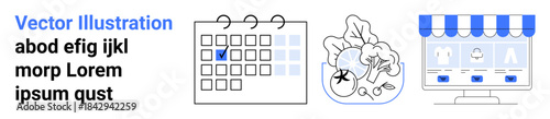 Time management, healthy lifestyle, online retail, organization, e-commerce, diet planning. a calendar, fresh vegetables and an online store interface. Time management and healthy lifestyle concept