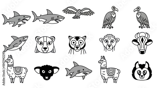 Cartoon animal icons set shark eagle bear llama sheep wolf vector art
