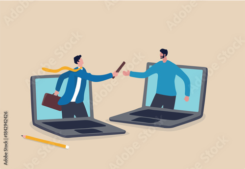 Outsourcing hiring outside worker to perform service, pass or transfer work to other team, remote work or telework concept, businessman boss pass or relay baton to outsource team to work remotely
