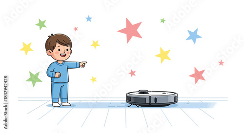 Delightful illustration of a young boy joyfully directing a modern robot vacuum cleaner across a