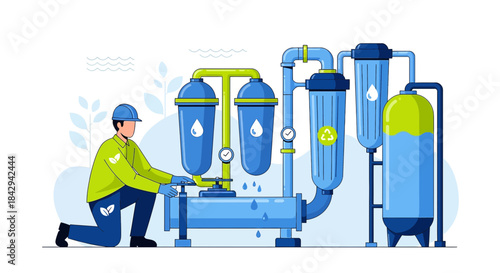 Depiction of a technician managing a water purification system with ecological symbolism elements