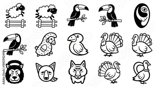 Cartoon animal illustrations sheep birds turkey wolf and toucan designs