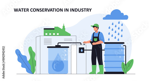Depiction of sustainable industrial practices focusing on efficient water consumption and