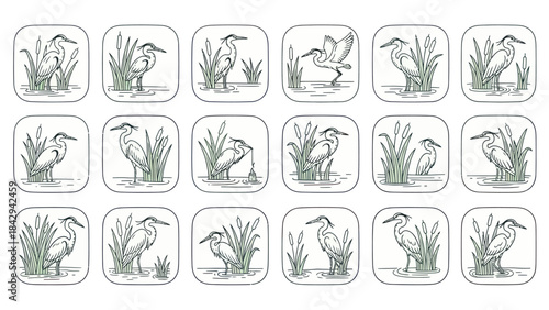 Elegant vector illustrations of various heron poses in aquatic environment