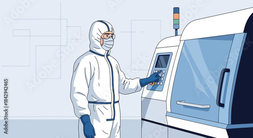 Depiction of worker in protective suit operating advanced machine in sterile environment