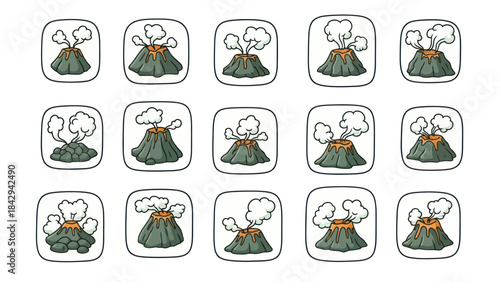 Cartoon volcano erupting icons set vector illustration for design