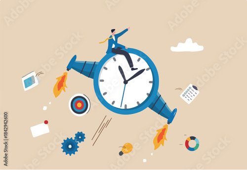 Improve productivity or efficiency, time management to finish within deadline, performance improvement or success concept, businessman riding fast flying clock with jetpack increasing productivity