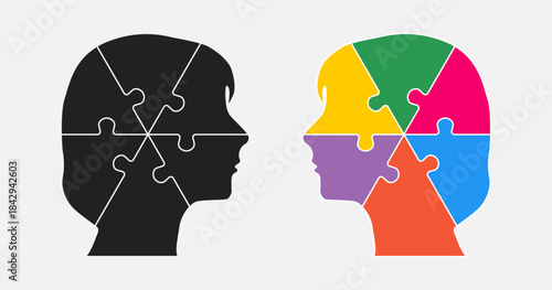 Head woman and man made puzzle pieces, education
