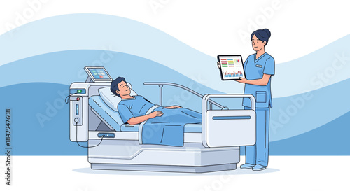 Digital Healthcare: Modern Hospital Room with a Patient Monitored by a Nurse via Tablet Technology