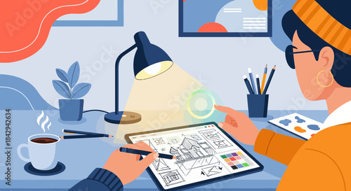 Digital sketching environment: An architect is working on a home project with a tablet