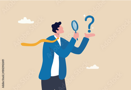 Problem analysis, analyze information to find solution or answer, solving problem or trouble, challenge to think overcome difficulty concept, businessman analyze question mark with magnifying glass