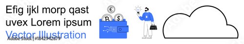 Financial security, fintech, cloud storage, digital economy, innovation, online banking. Digital wallet storing currency signs and a man holding a phone. Financial security and fintech concept