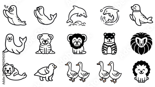 Cartoon animal illustrations in black and white for design projects and concepts
