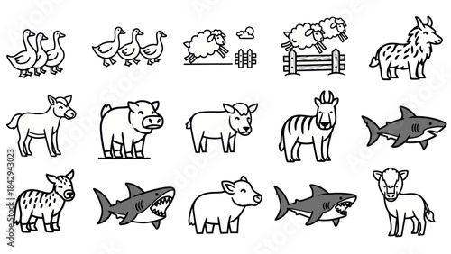 Cartoon farm animals collection geese sheep horse cow zebra and shark