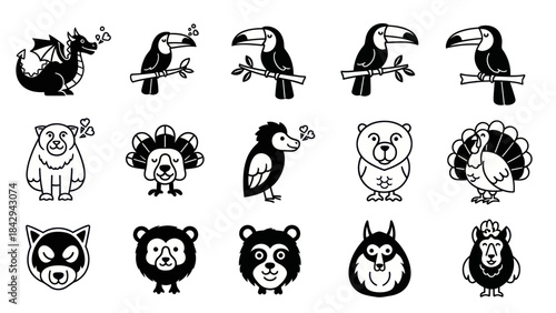 Cartoon animal illustrations bear bird dragon toucan turkey collection